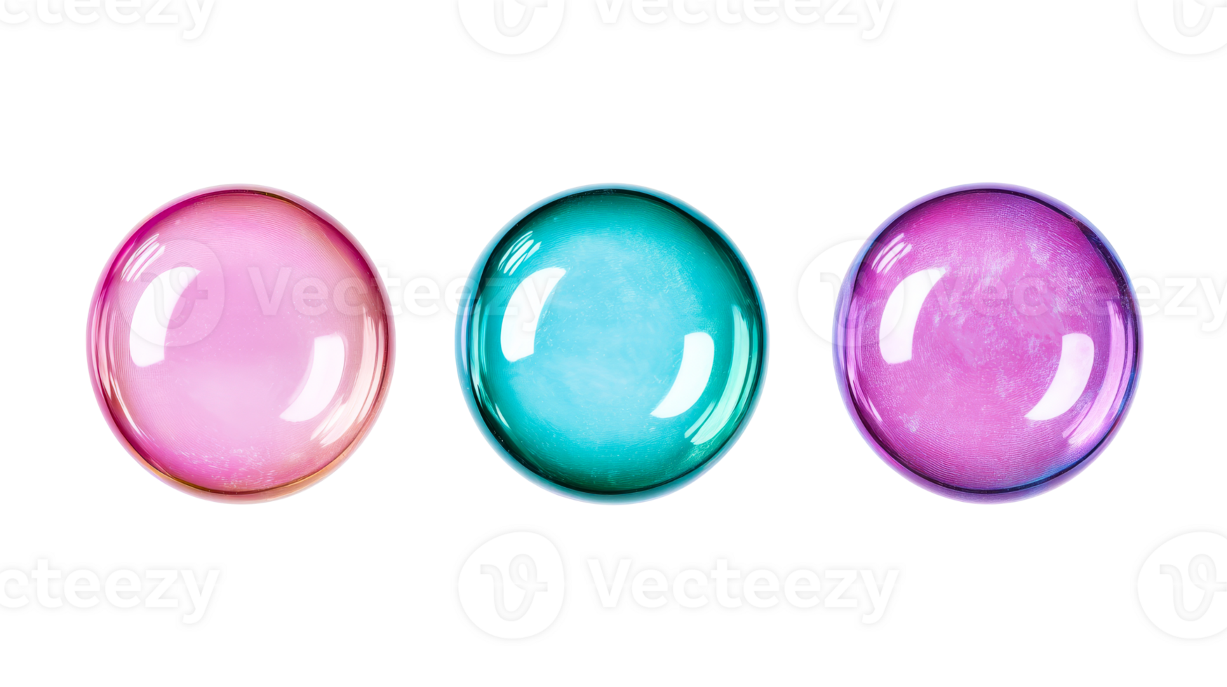 Set three soap bubbles, different colors, light reflections, cut out transparent png