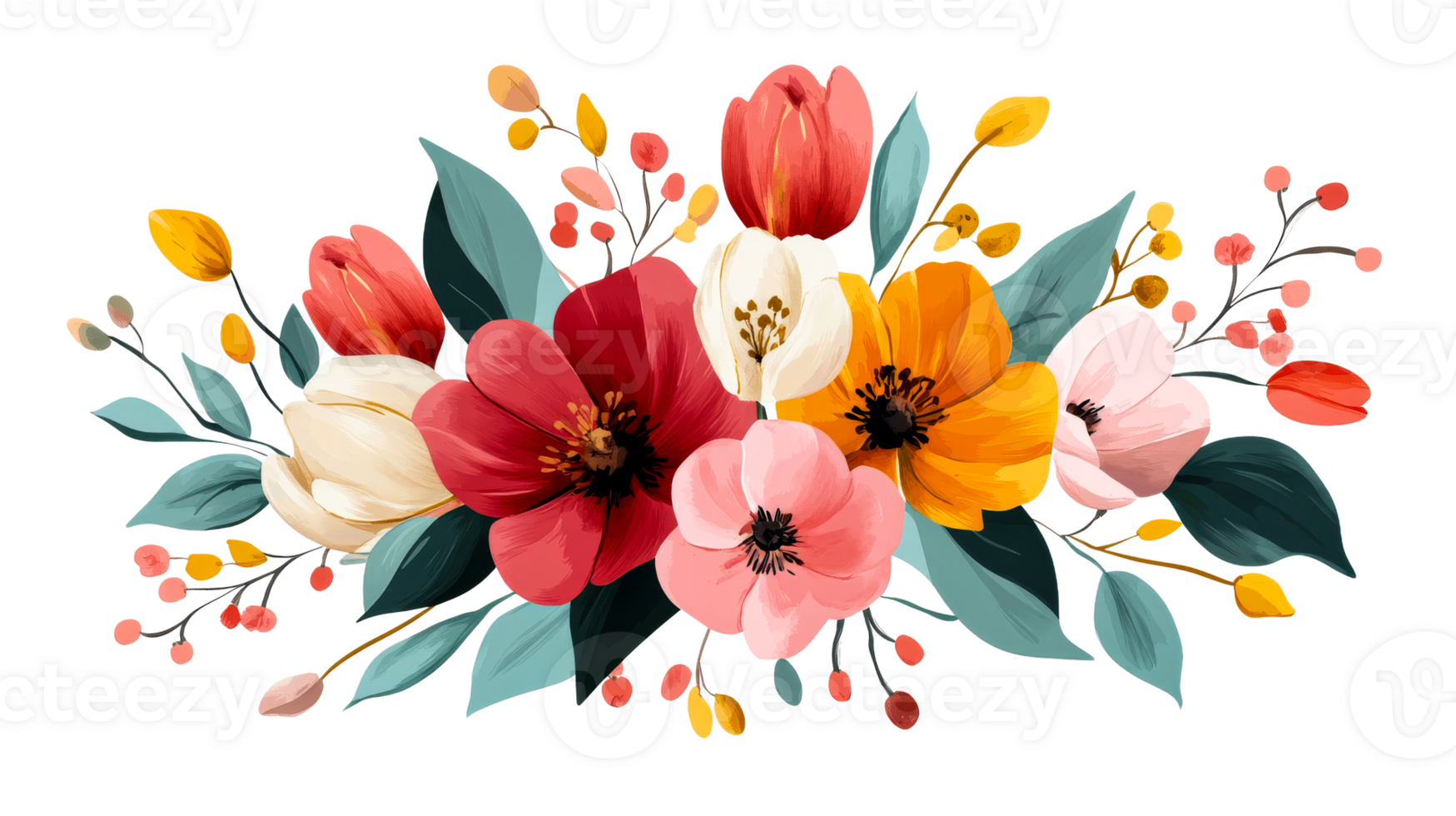 Bouquet of colorful flowers and berries on a black background, cut out transparent png