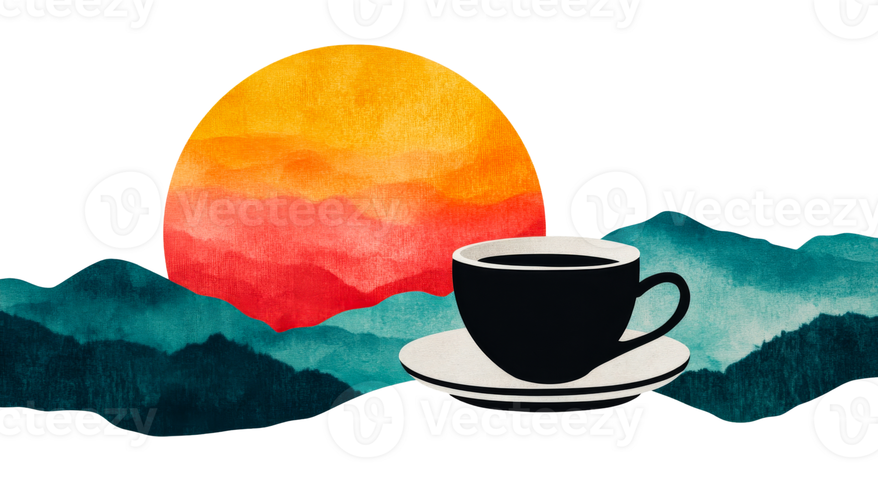 Coffee cup at sunrise, mountain landscape illustration, cut out transparent png