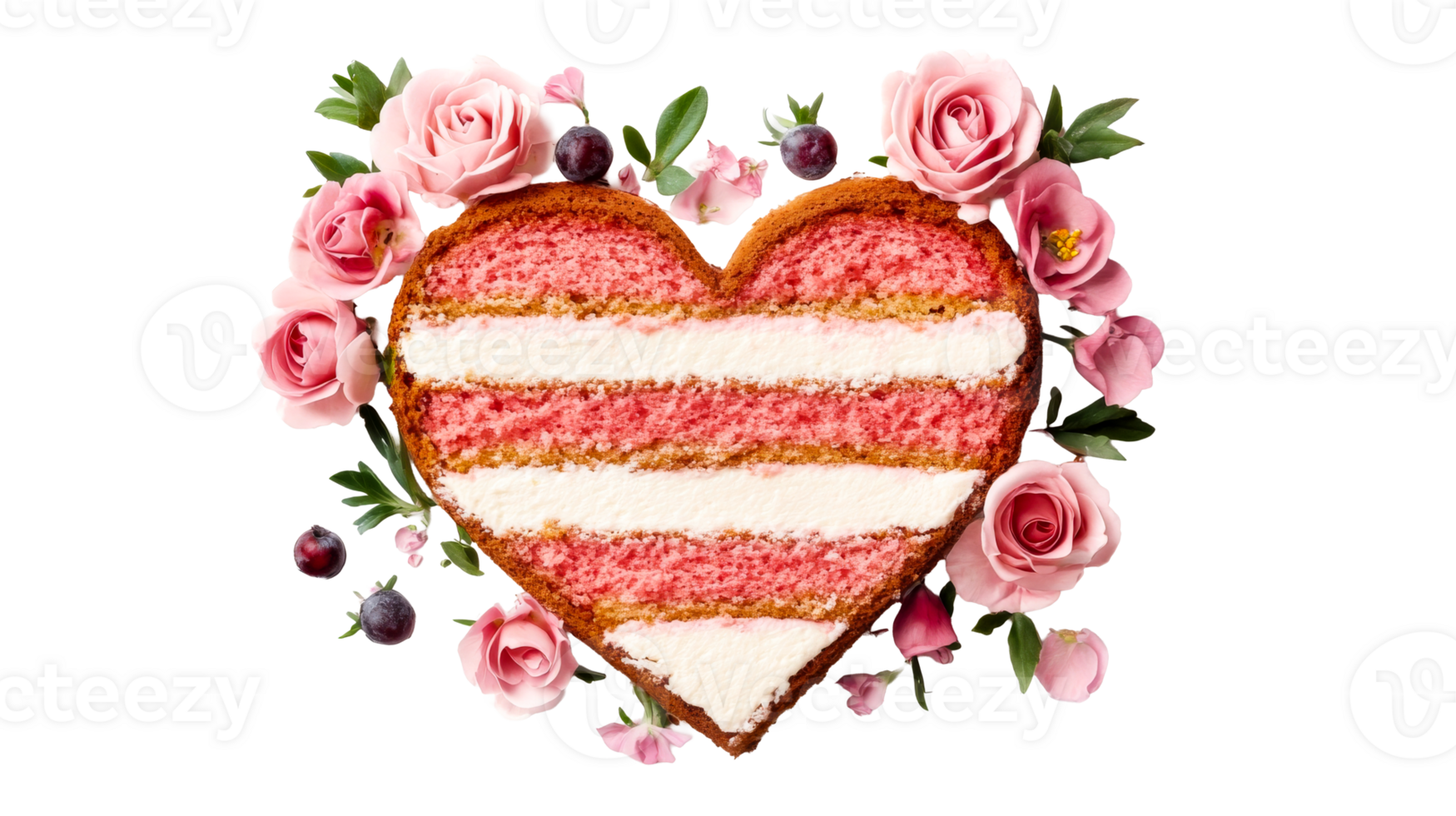 Heart cake adorned with pink roses and berries, cut out transparent png