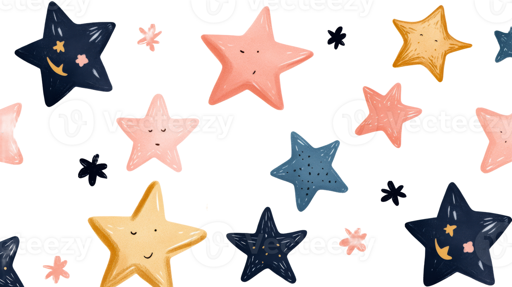 Whimsical star pattern on a black background with soft, cut out transparent png