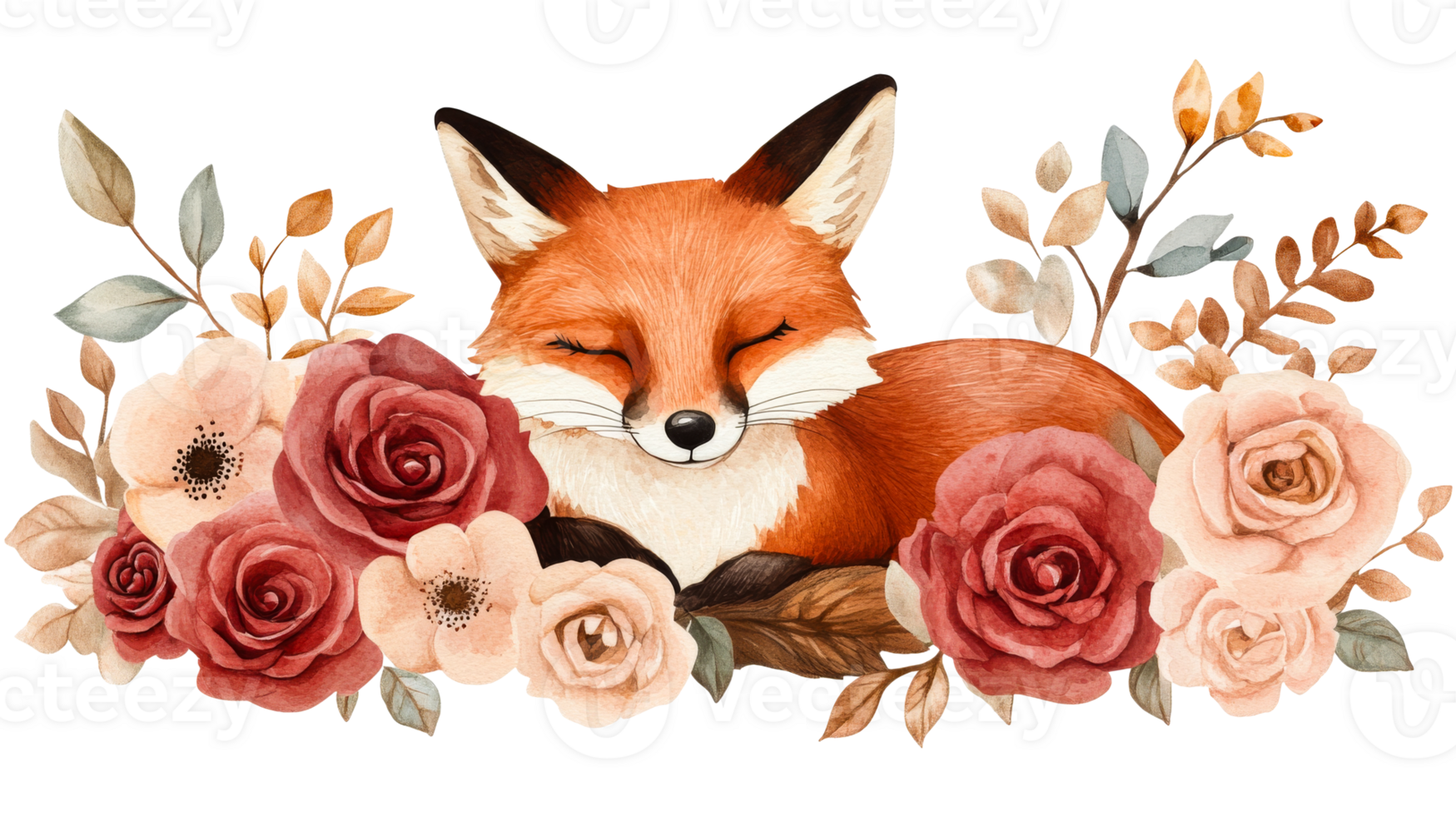 Sleeping watercolor fox with roses and leaves composition, cut out transparent png