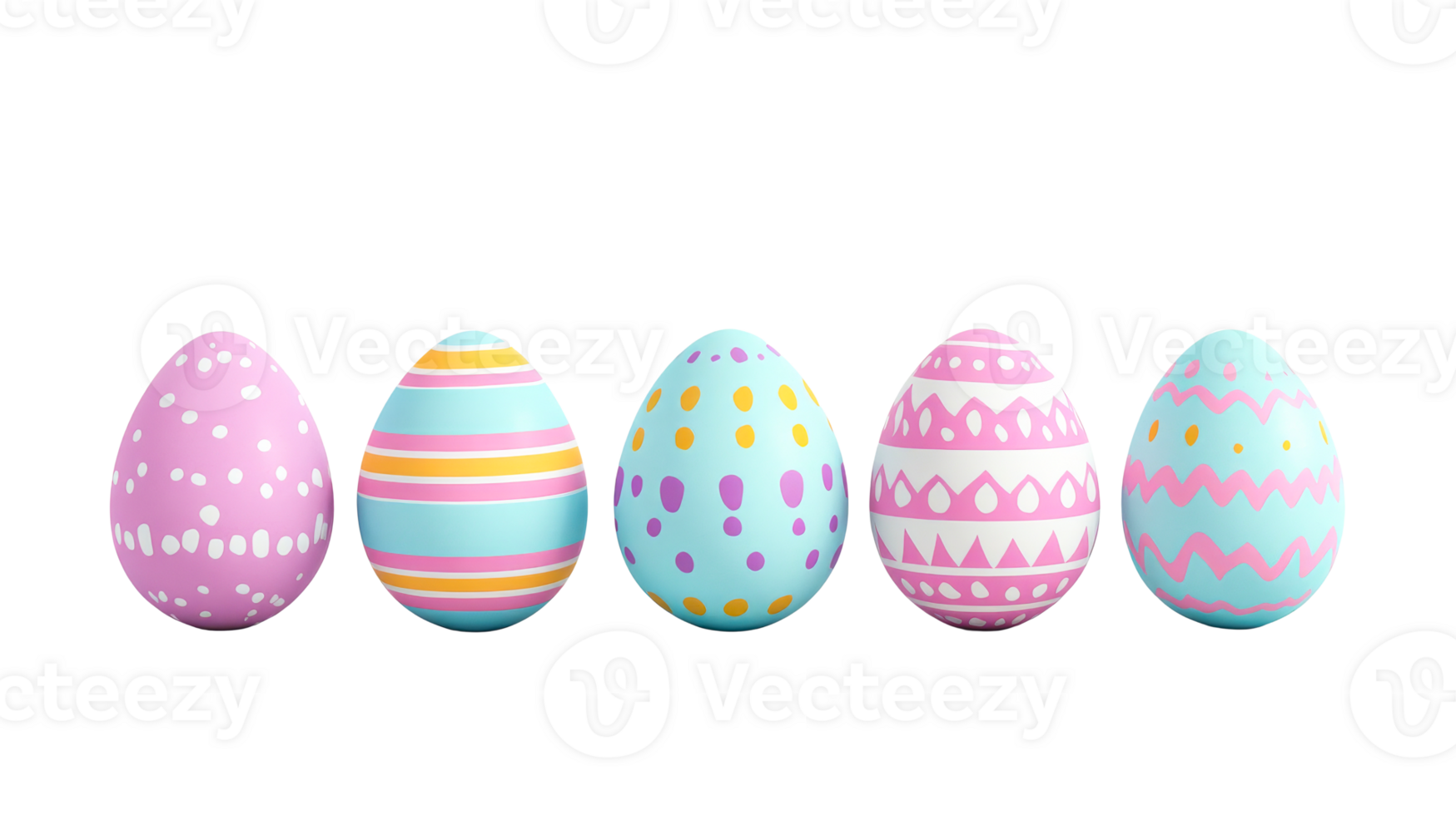 Row of colorful decorated Easter eggs, set on black background, cut out transparent png