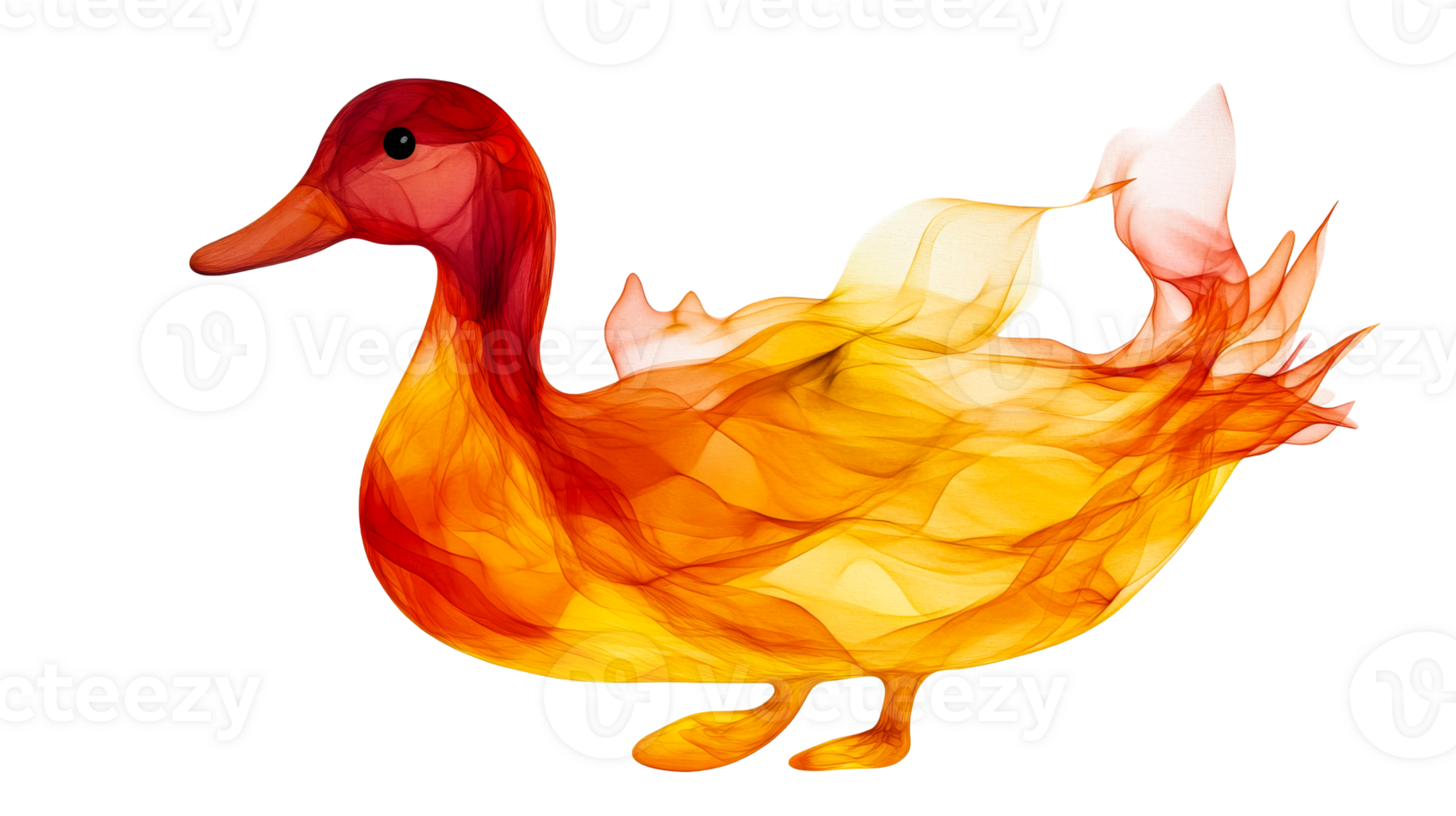 Elegant duck made of fire, orange, red, black background, cut out transparent png