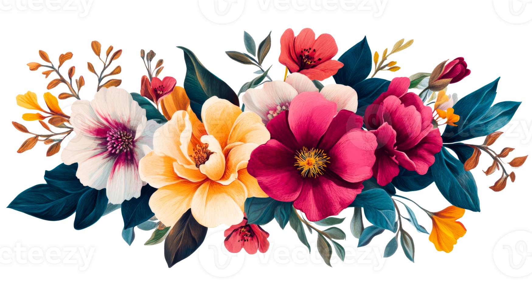 Elegant arrangement of flowers with pink and yellow hues, cut out transparent png