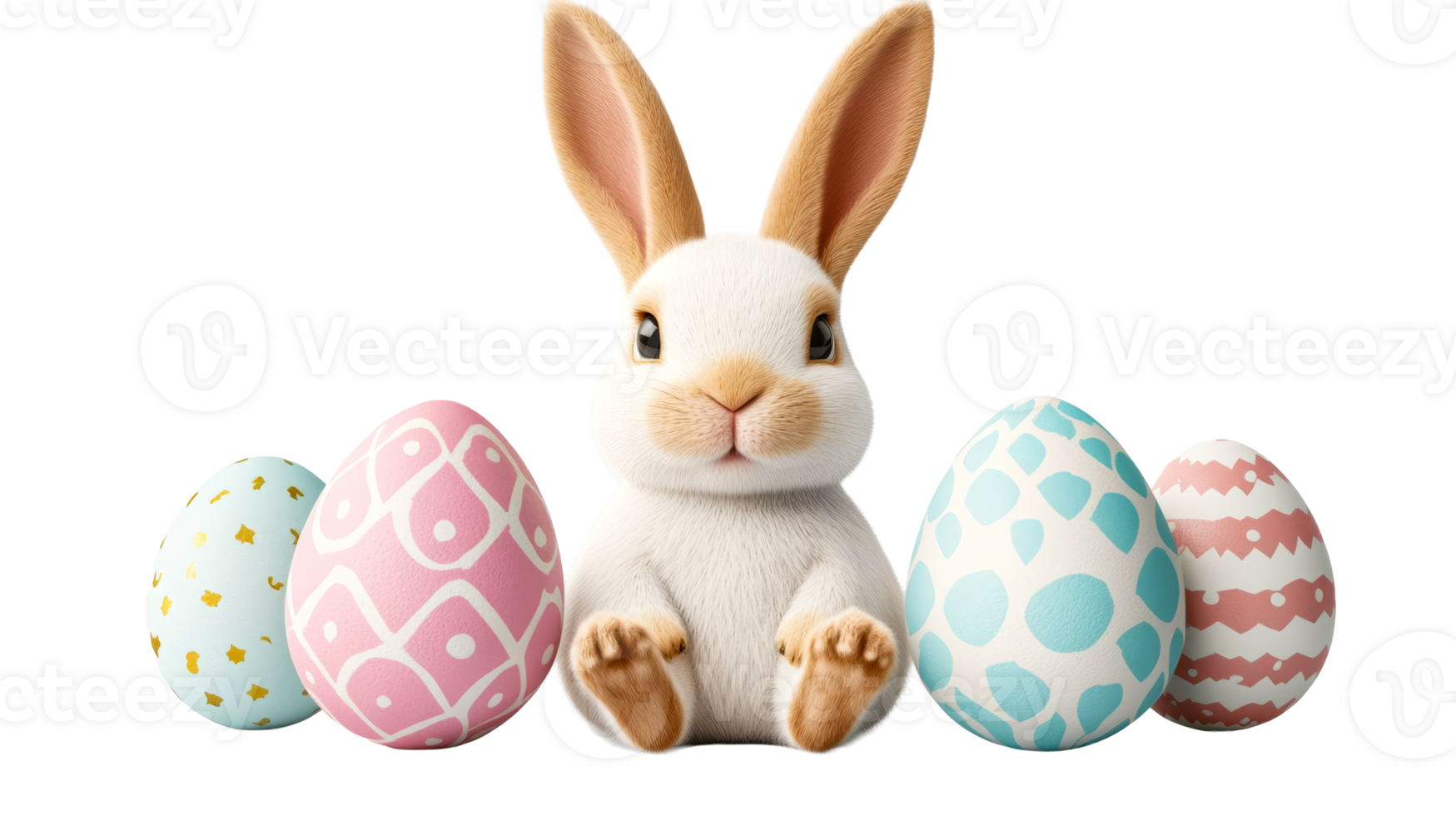 Easter bunny with decorated eggs on black background, cut out transparent png