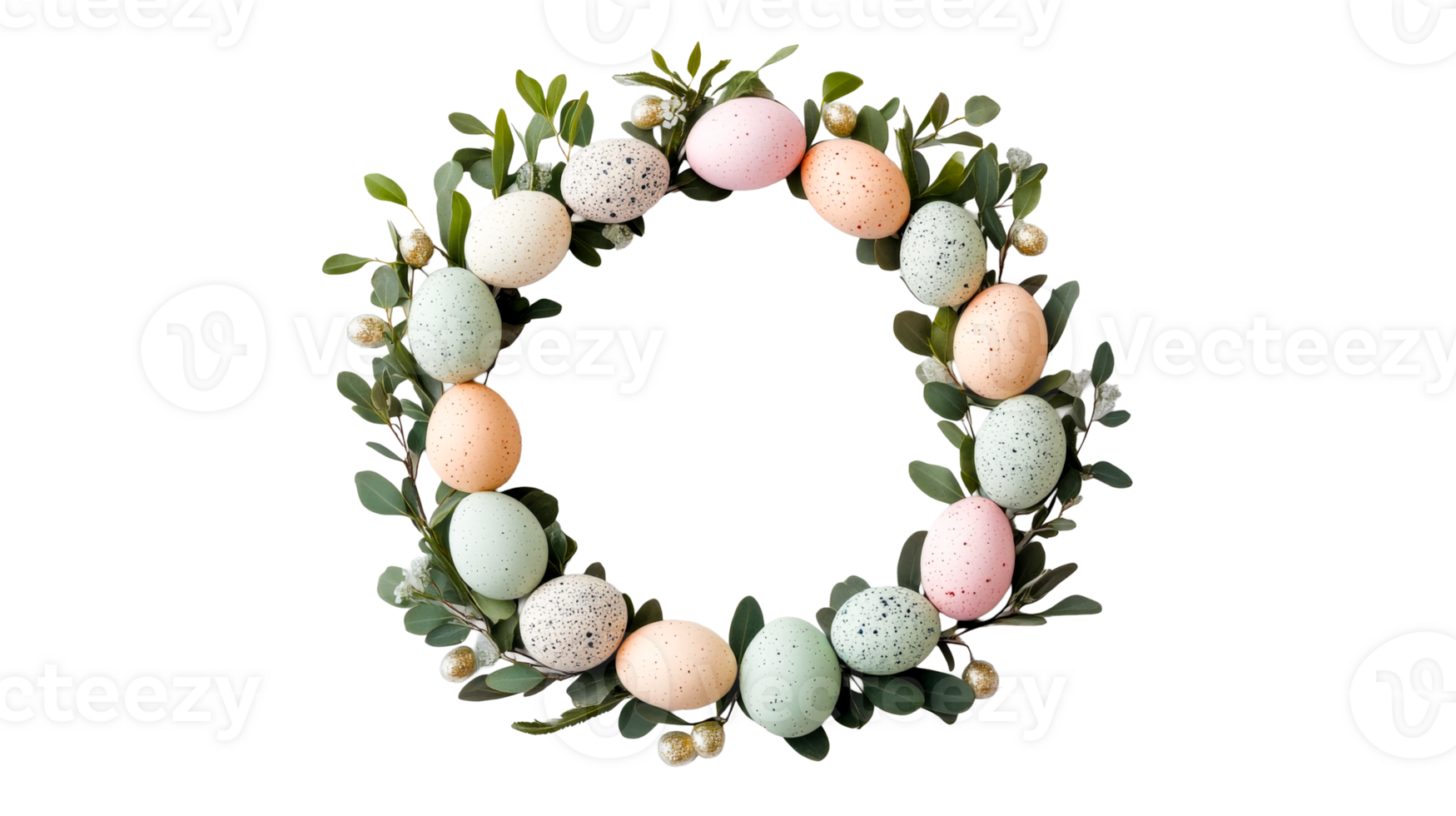 Decorative easter wreath with pastel eggs, cut out transparent png