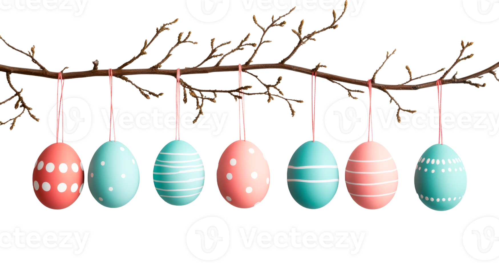 Pastel Easter eggs hang on branch, cut out transparent png