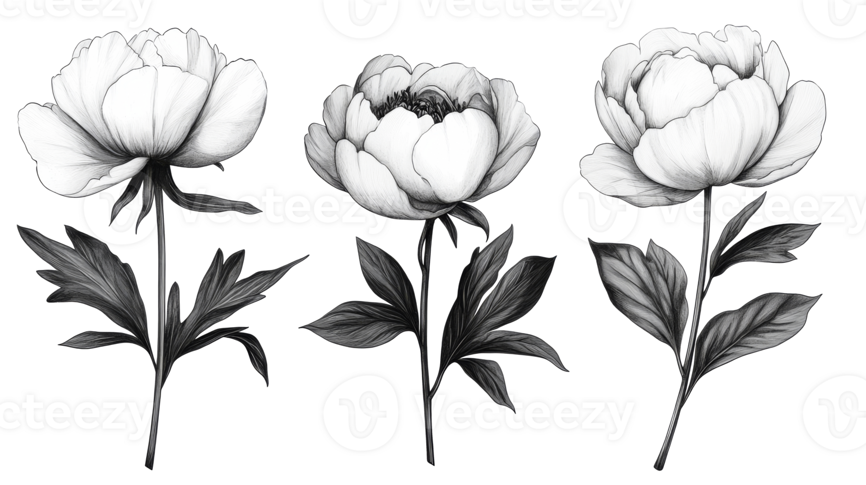 Three elegant peony flowers with leaves, botanical illustration, cut out transparent png