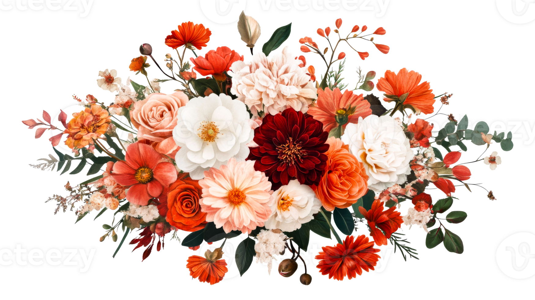 Floral arrangement of roses and dahlias in warm tones, cut out transparent png