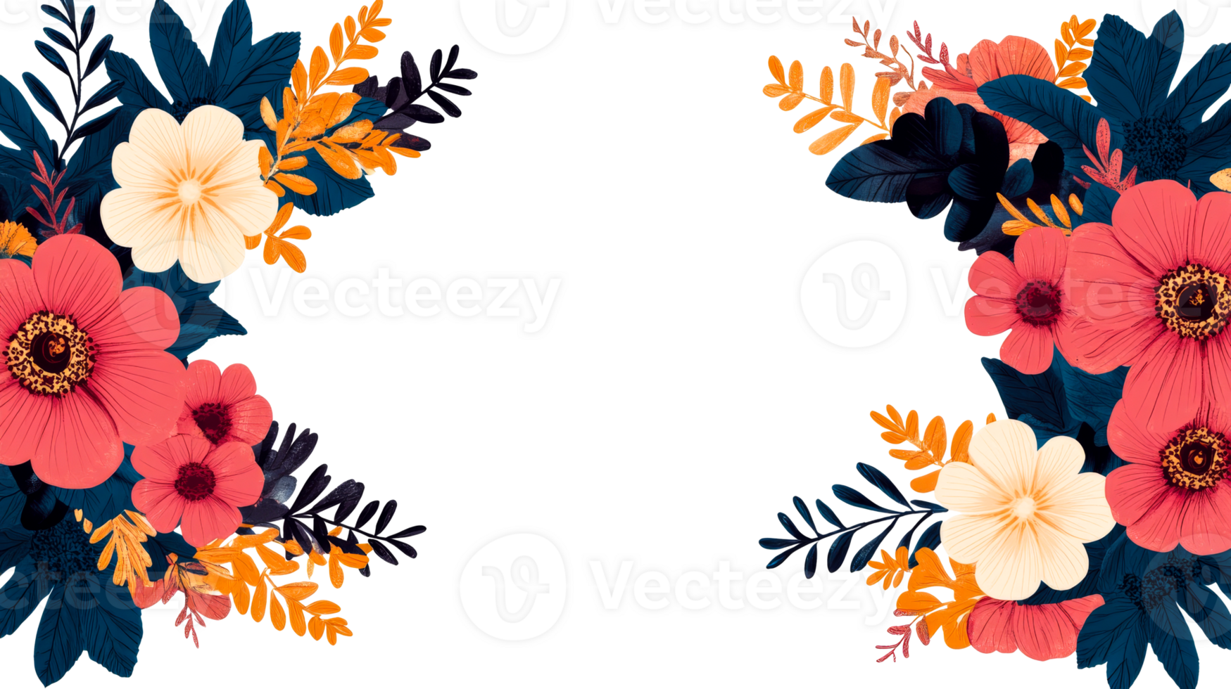 Floral corners, elegant blooms and leaves decoration, cut out transparent png