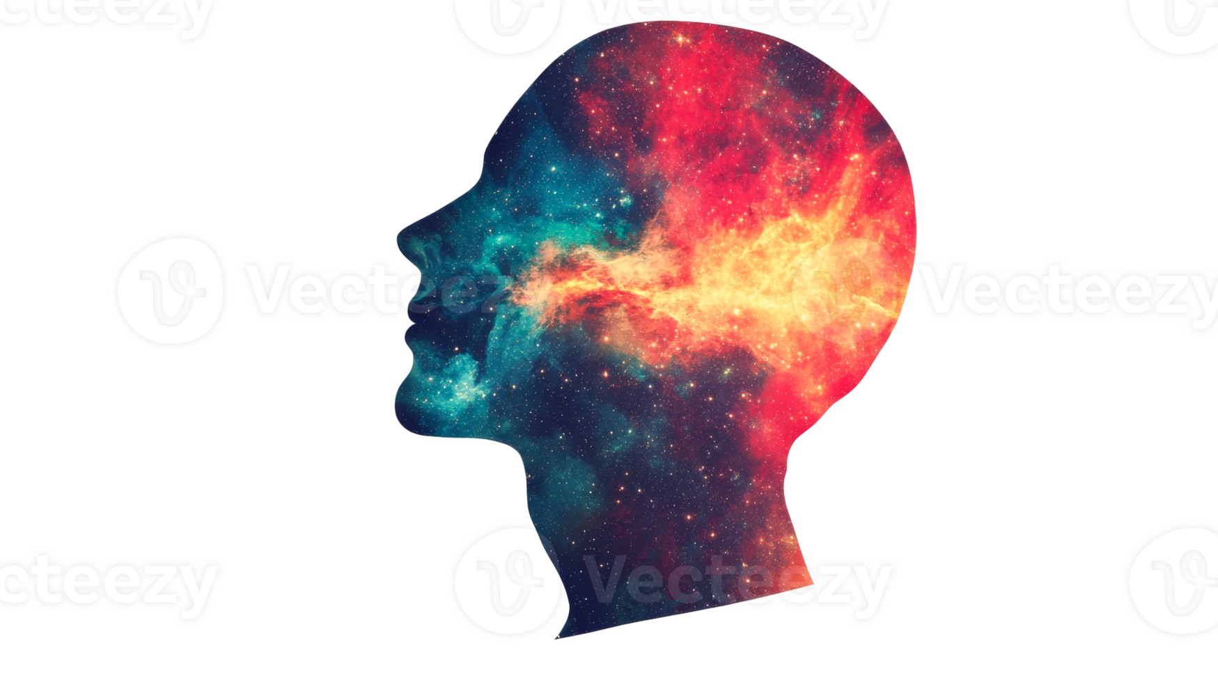 Head silhouette filled with cosmic nebula, cut out transparent png