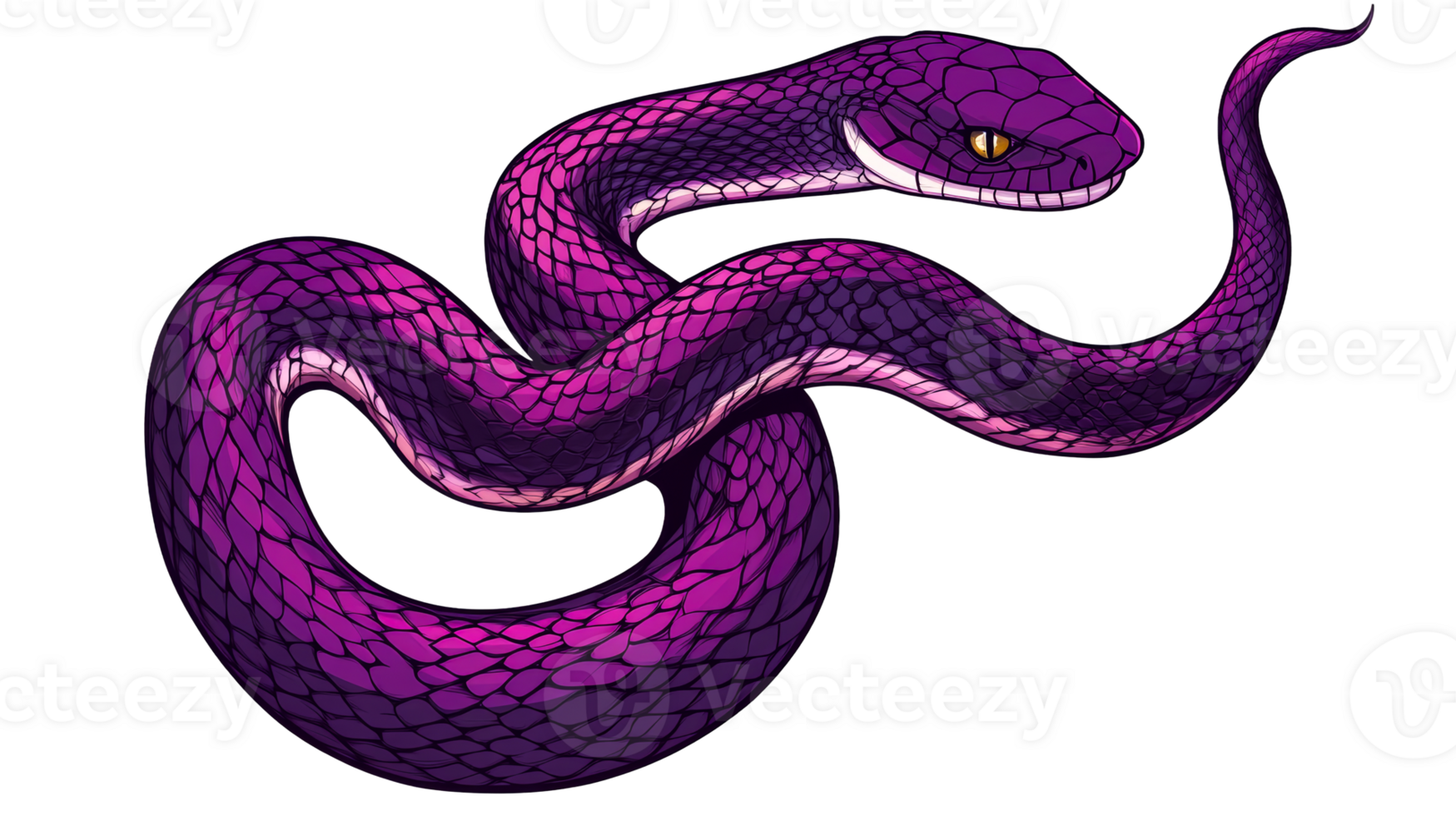 Illustration of violet snake with yellow eyes, cut out transparent png