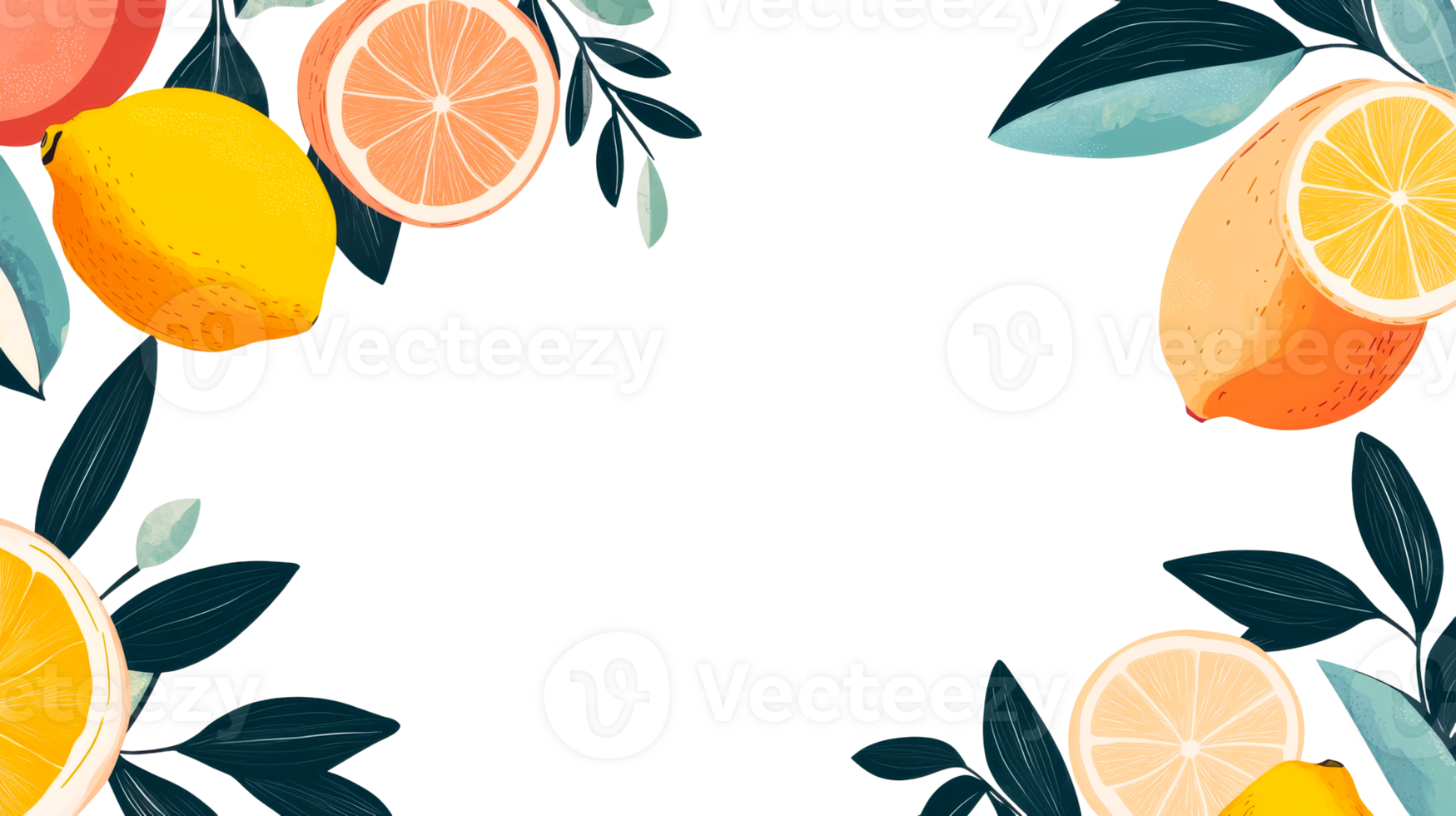 Citrus fruits and foliage with black backdrop frame, cut out transparent png