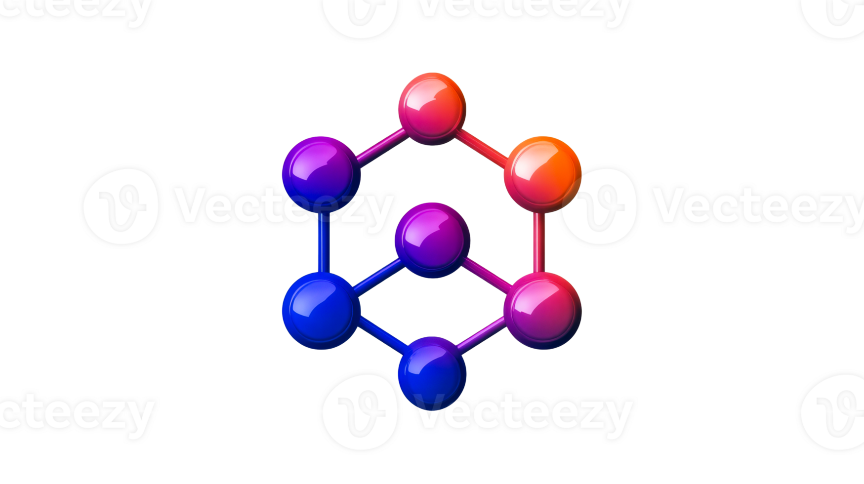 Molecule model linked with multi colored spheres, cut out transparent png