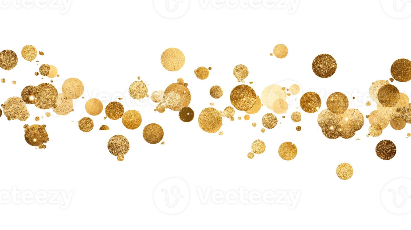 Gold glitter circles, spots, elements decor on black, cut out transparent png