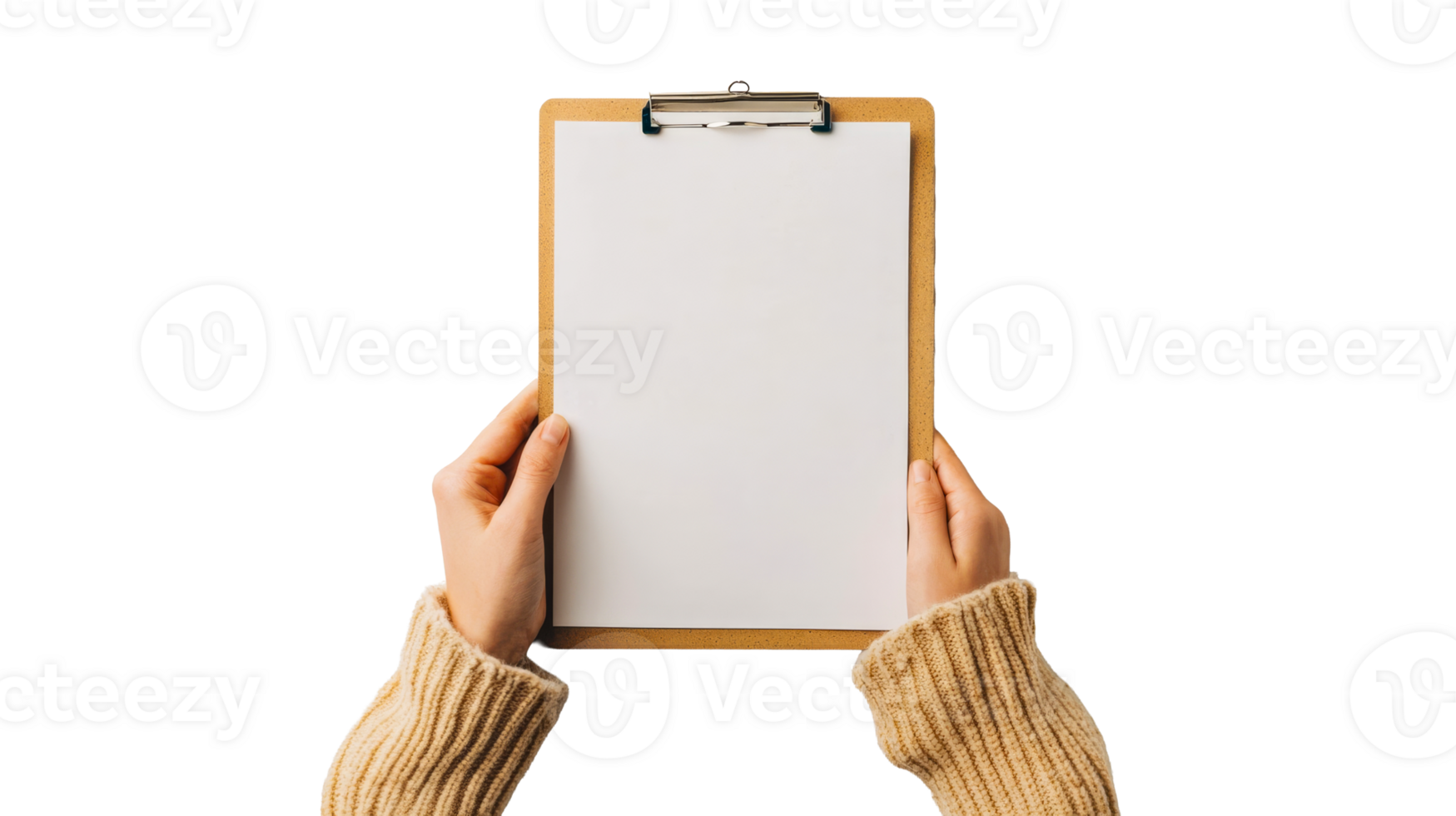 Hands holding clipboard with blank paper, mockup concept, cut out transparent png