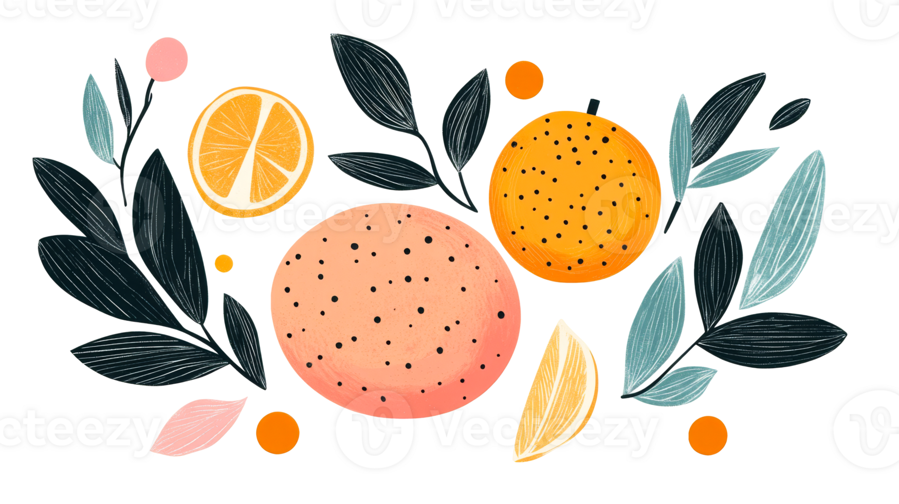 Oranges and Leafy Branches Composition, cut out transparent png