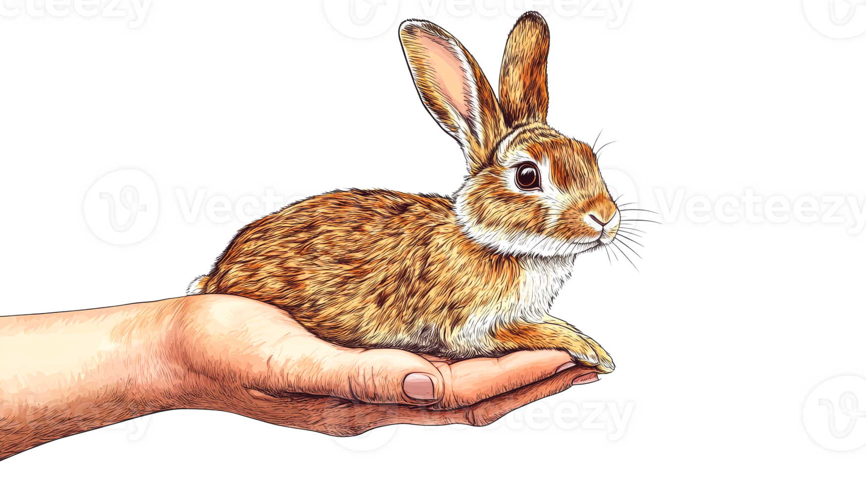 Rabbit in hand, care, furry pet in palm, cute bunny art, cut out transparent png