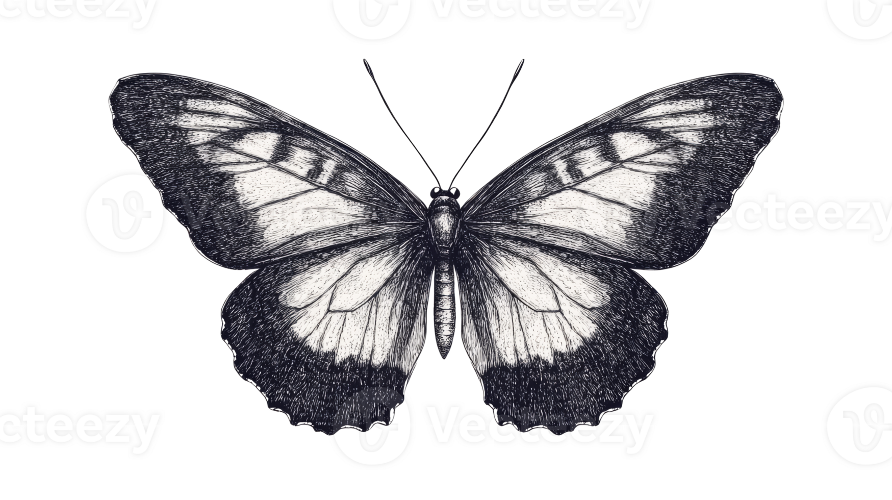 Butterfly in vintage style on black background, cut out transparent png