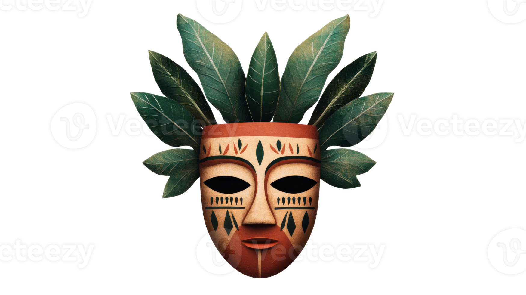 Tribal mask with green leaves, cultural art, mysterious face, traditional, cut out transparent png