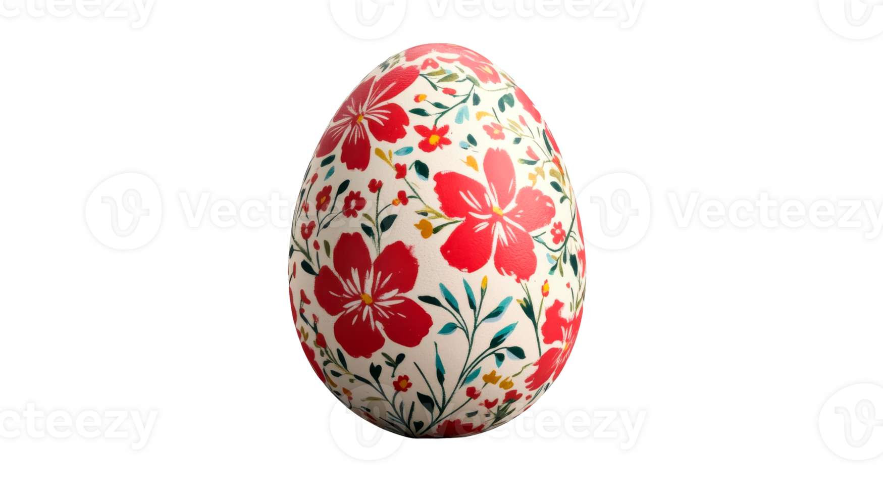 Floral Easter egg with red flowers isolated on black background, cut out transparent png