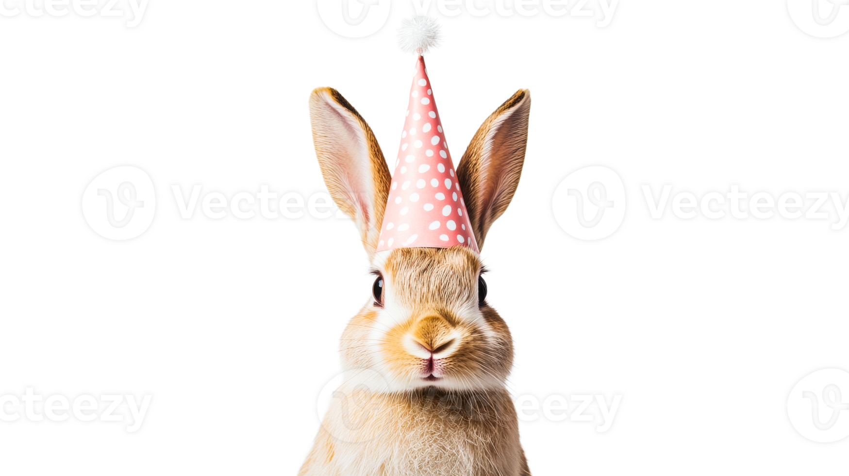 Hare with party hat looking at camera, cut out transparent png