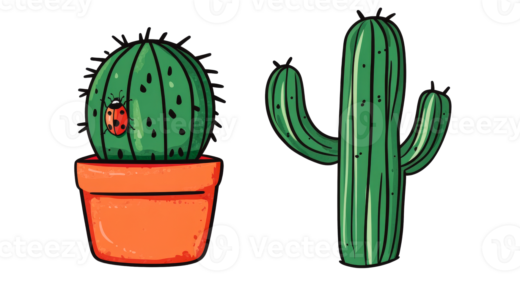 Two cartoon cacti, potted cactus with ladybug, cut out transparent png