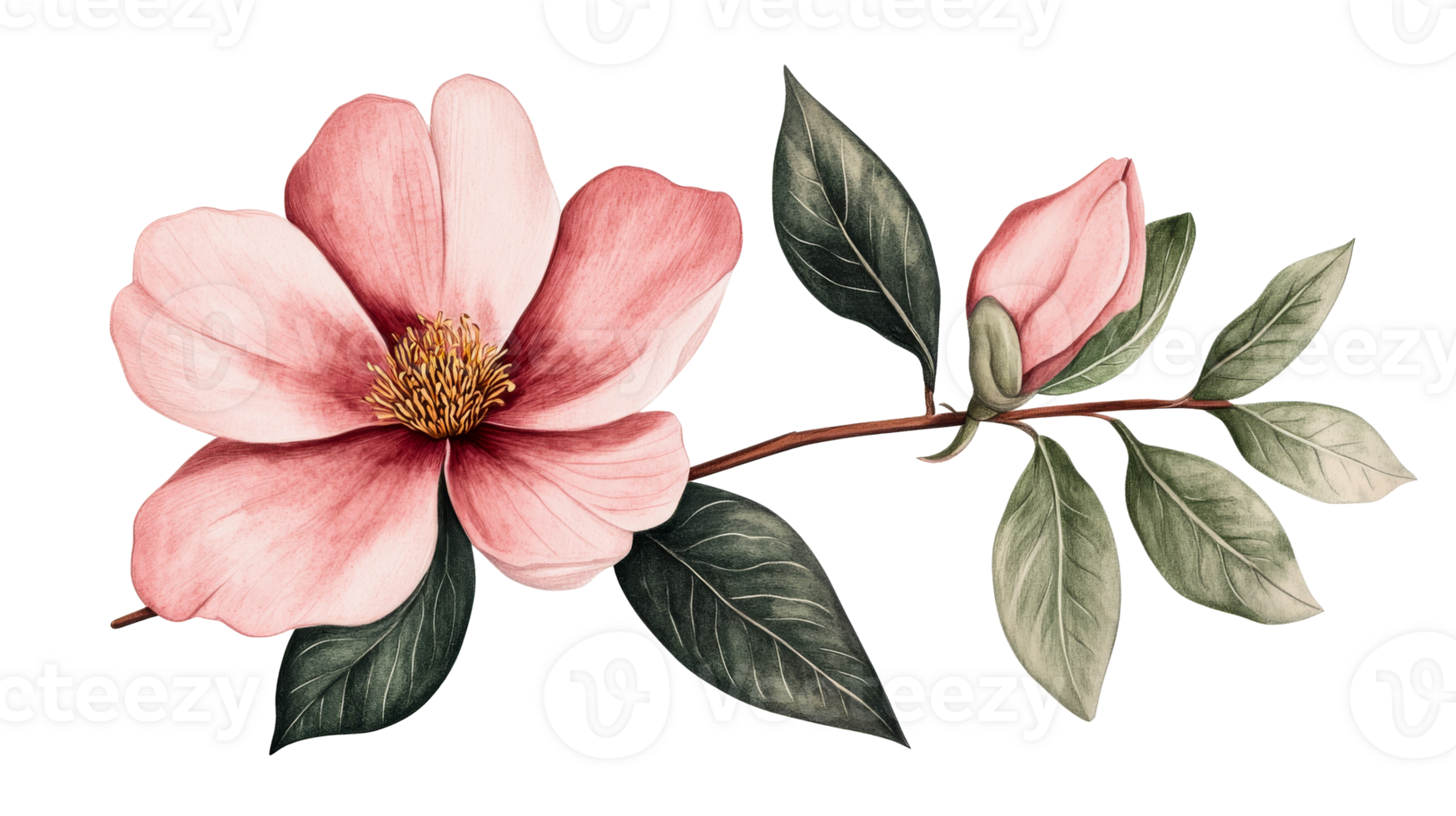 Floral illustration of pink bloom, leaves, and bud, cut out transparent png