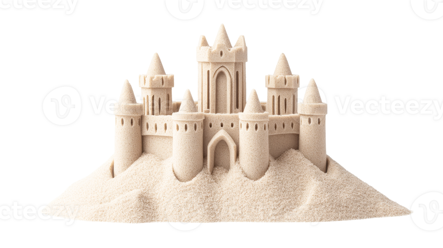 Sandcastle with intricate turrets and gate, cut out transparent png