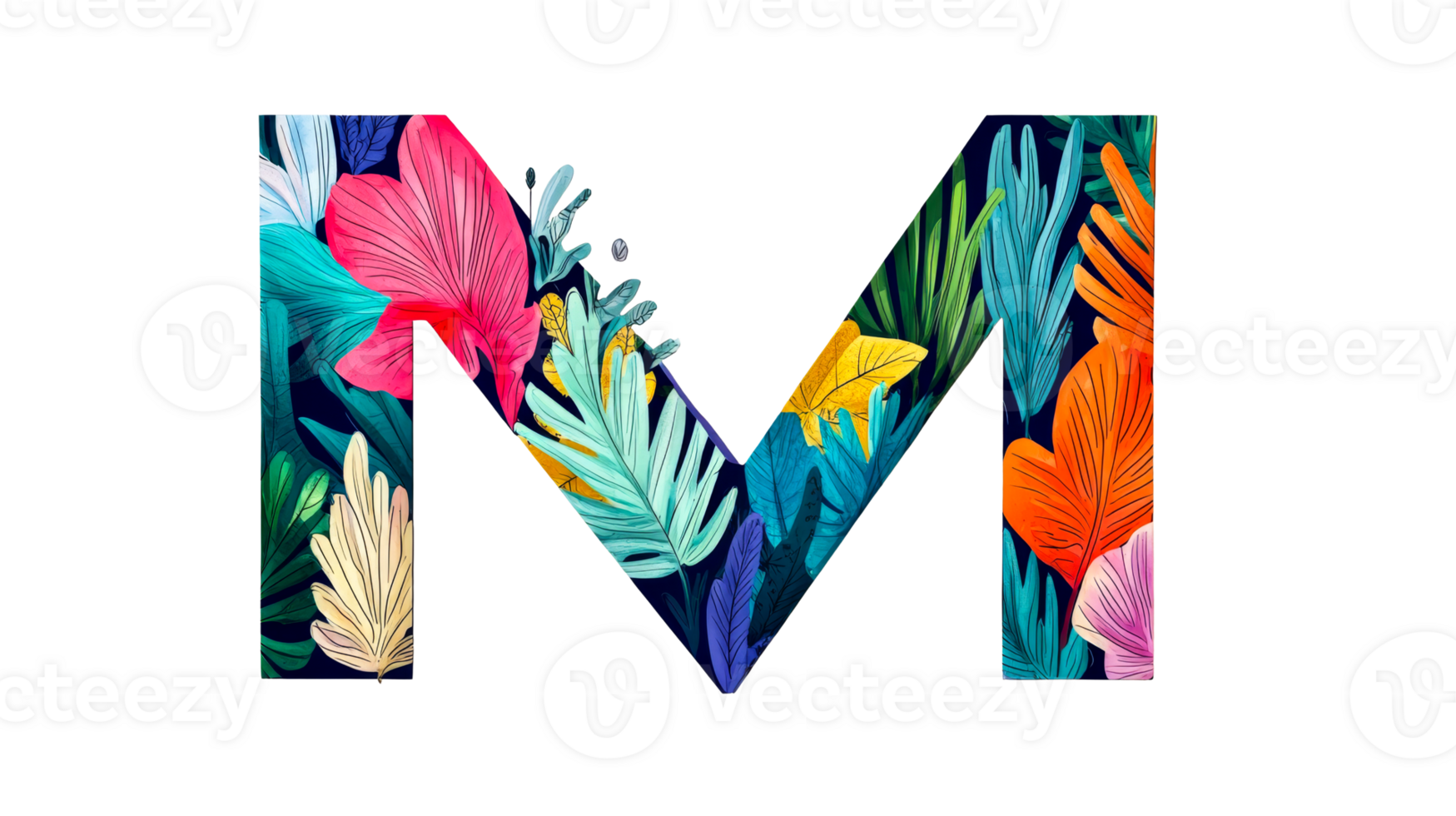 Floral Letter M, tropical vibrant leaves, botanical illustration, cut out transparent png