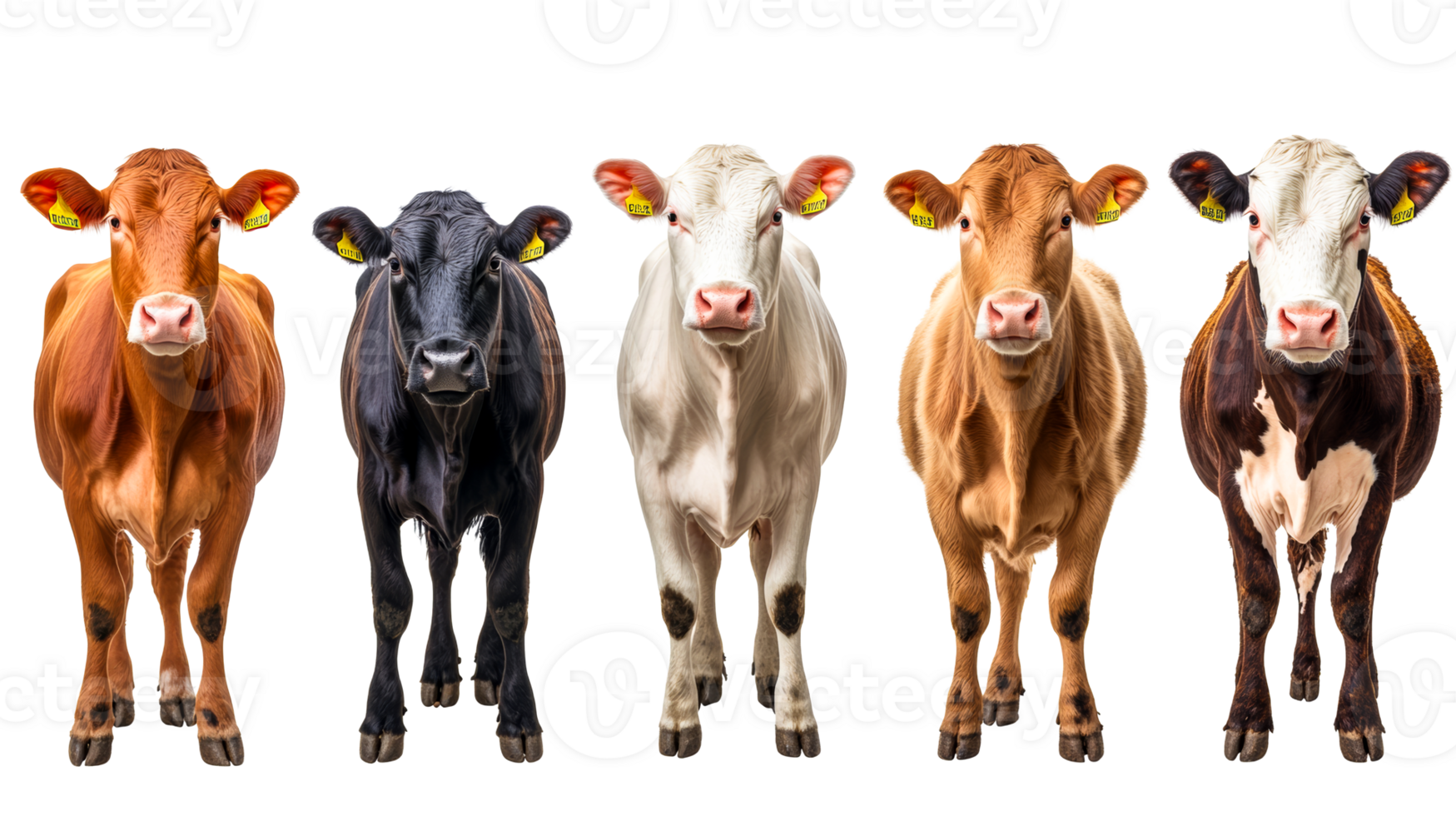 Group of five assorted cows standing, front view,isolated, cut out transparent png