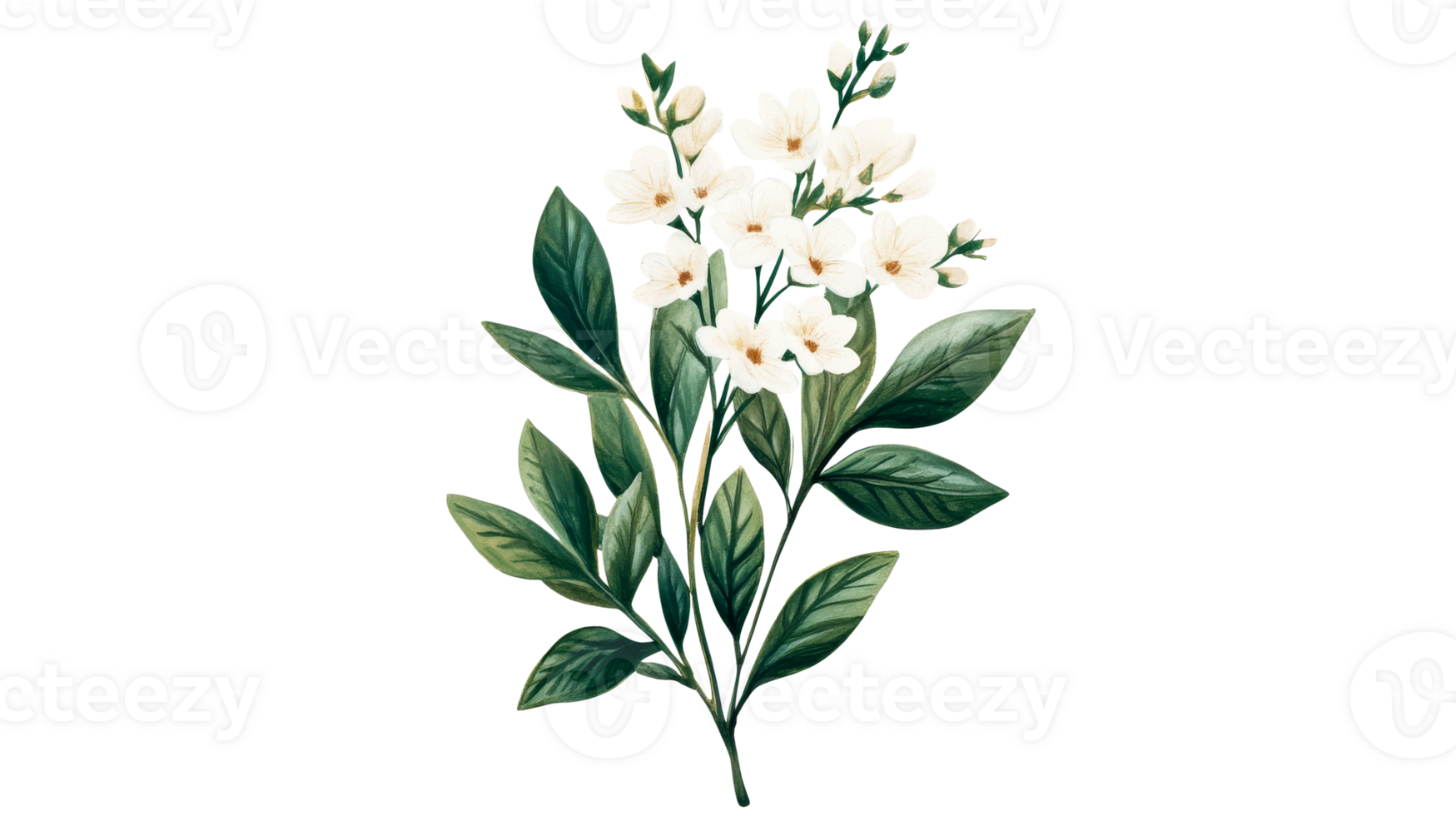 Freesia branch with white flowers, green leaves, cut out transparent png