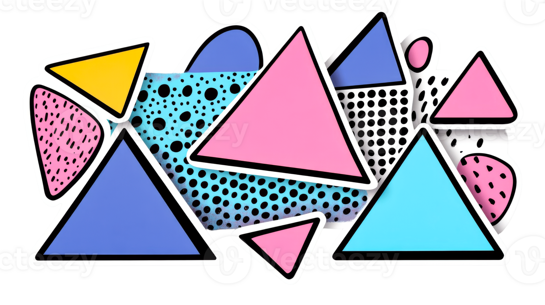 Colorful abstract geometric shapes, retro design background, cut out transparent png