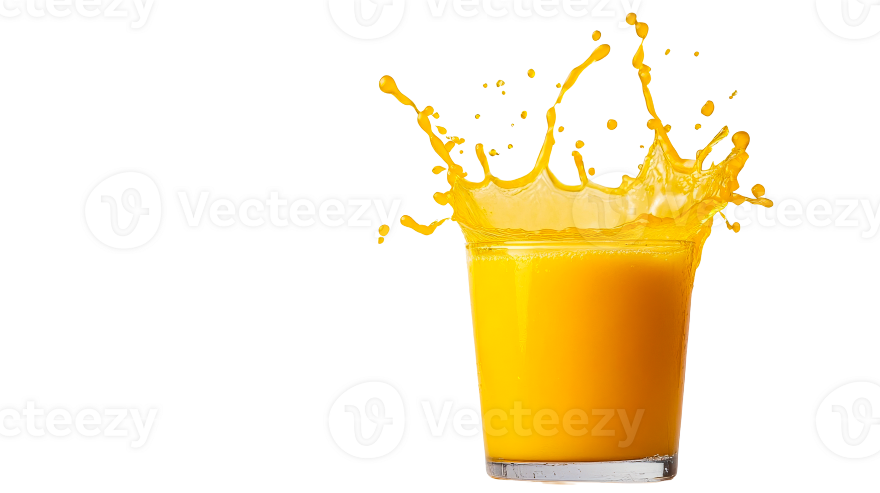 Orange juice splash in glass, isolated on black background, cut out transparent png