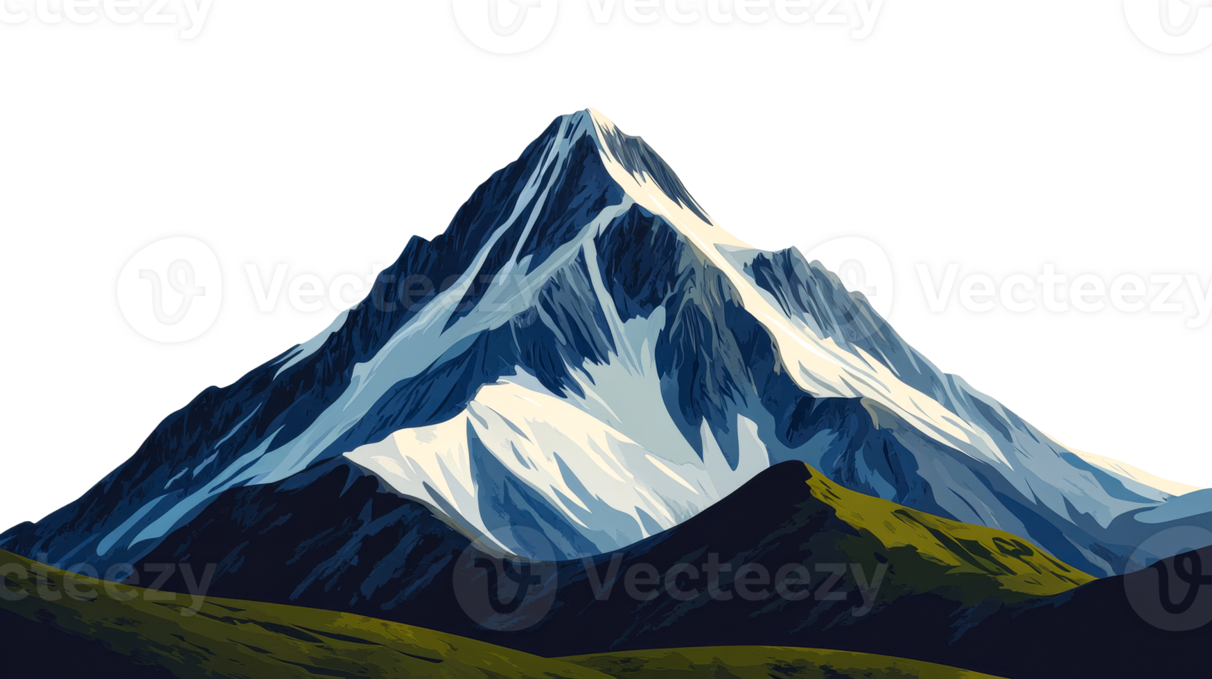 Snowy mountain peak with green foothills in isolated , cut out transparent png