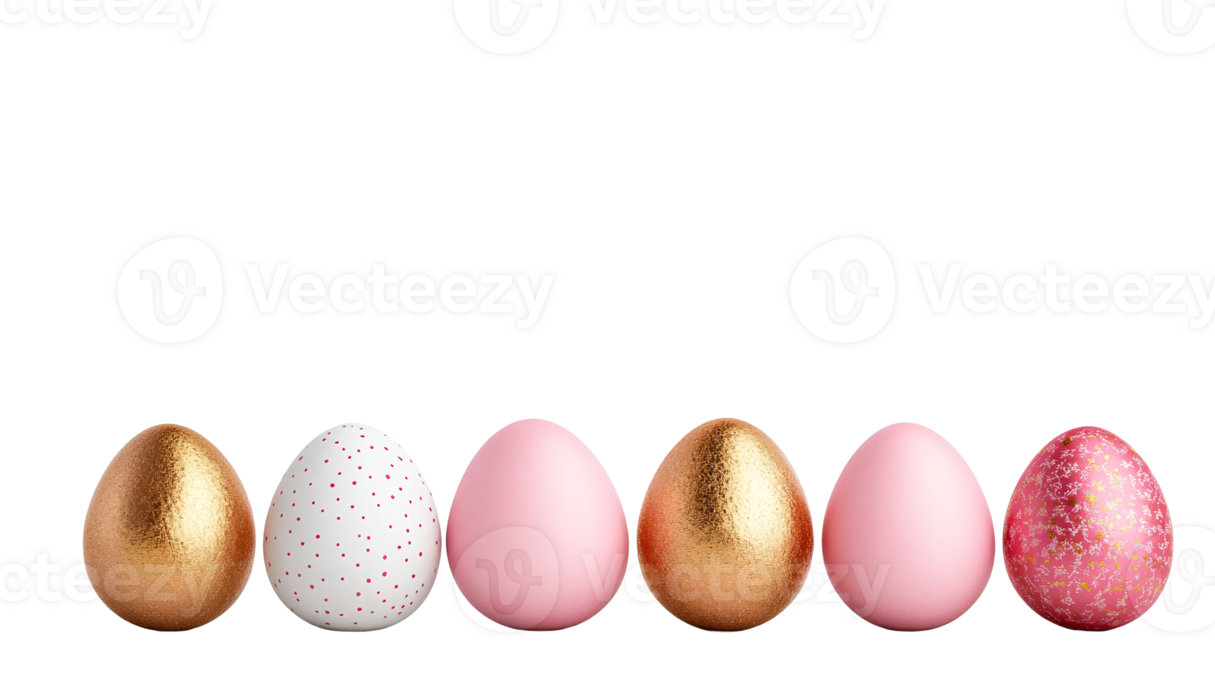 Easter eggs in various designs on a black background, cut out transparent png