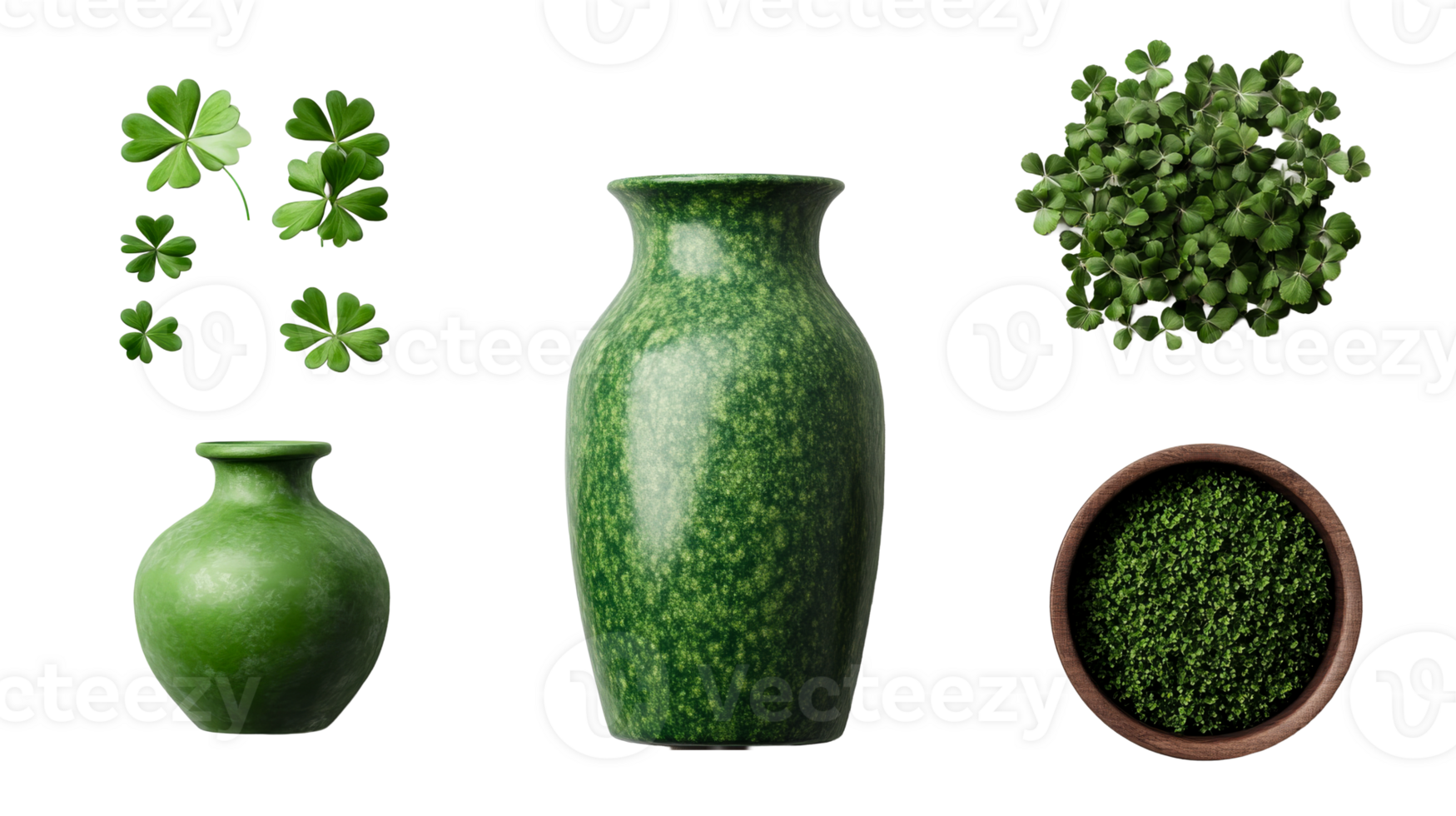 Composition with green vases and clover, cut out transparent png