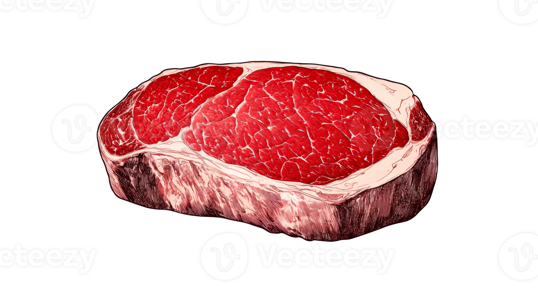 Fresh, raw, piece of meat, ribeye steak close up illustration, cut out transparent png