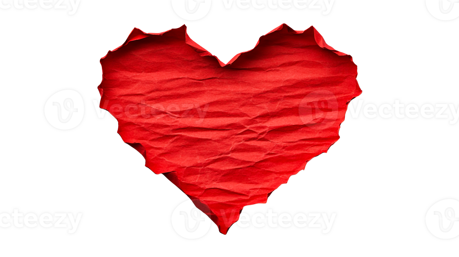 Red wrinkled heart shape on black background, cut out transparent png