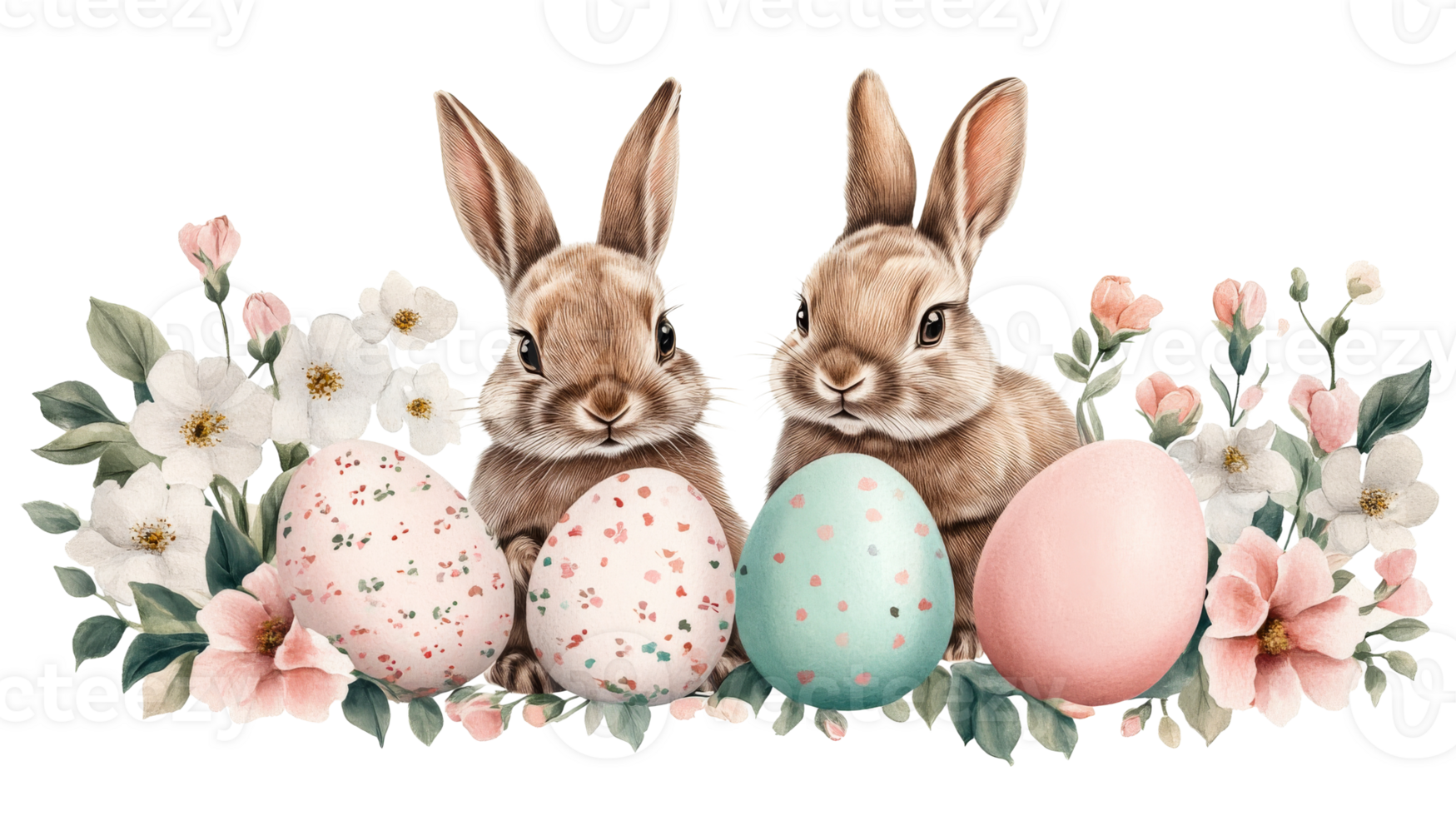 Easter bunnies with eggs and flowers arrangement, cut out transparent png