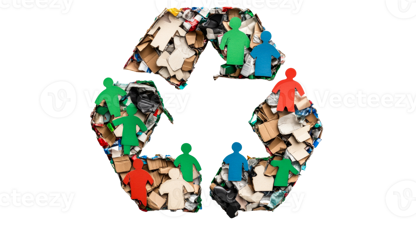 Recycle symbol made of cardboard, trash and people, cut out transparent png