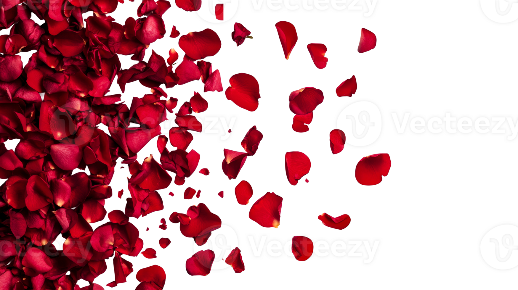 Scattered red rose petals isolated on black background, cut out transparent png