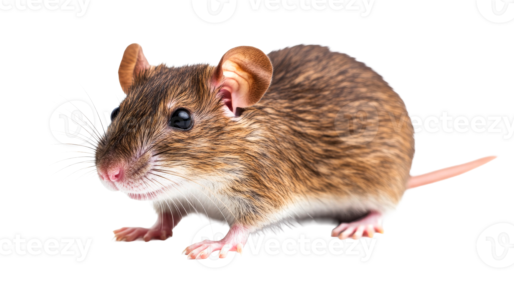 Brown mouse with whiskers closeup isolated on black background, cut out transparent png