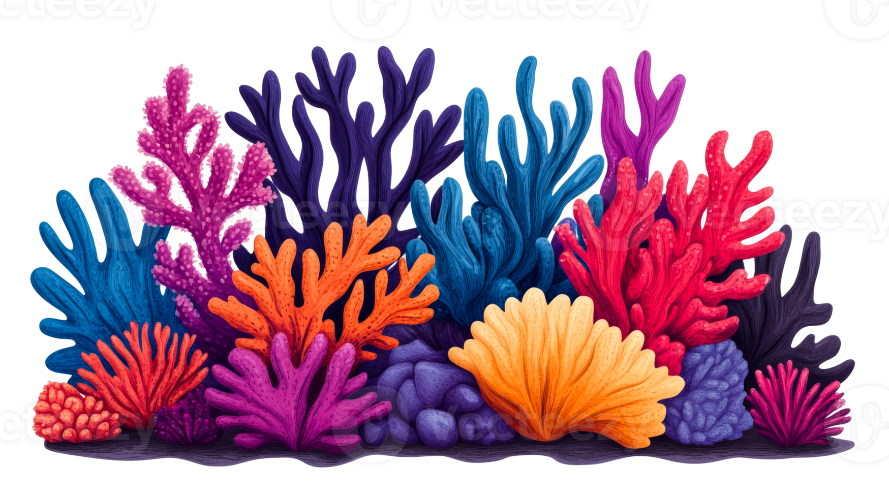 Vivid coral reef illustration with diverse colors, cut out transparent png