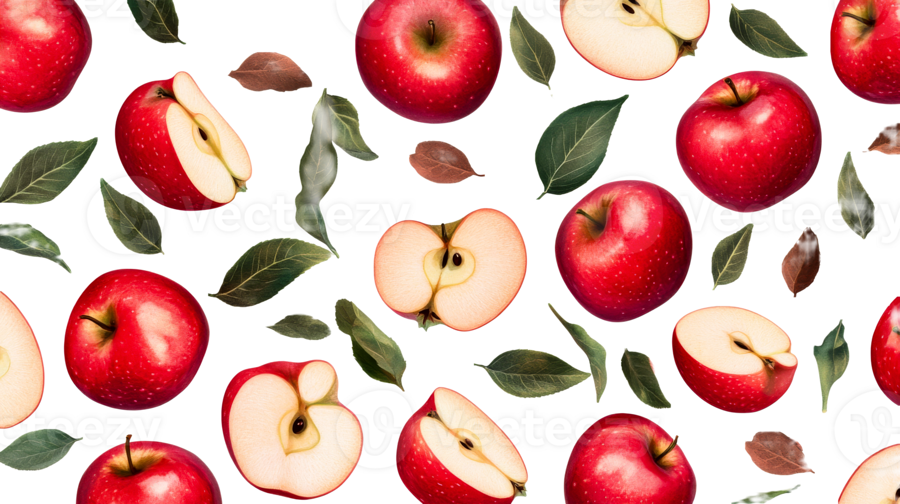 Red apples and leaves pattern background illustration, cut out transparent png