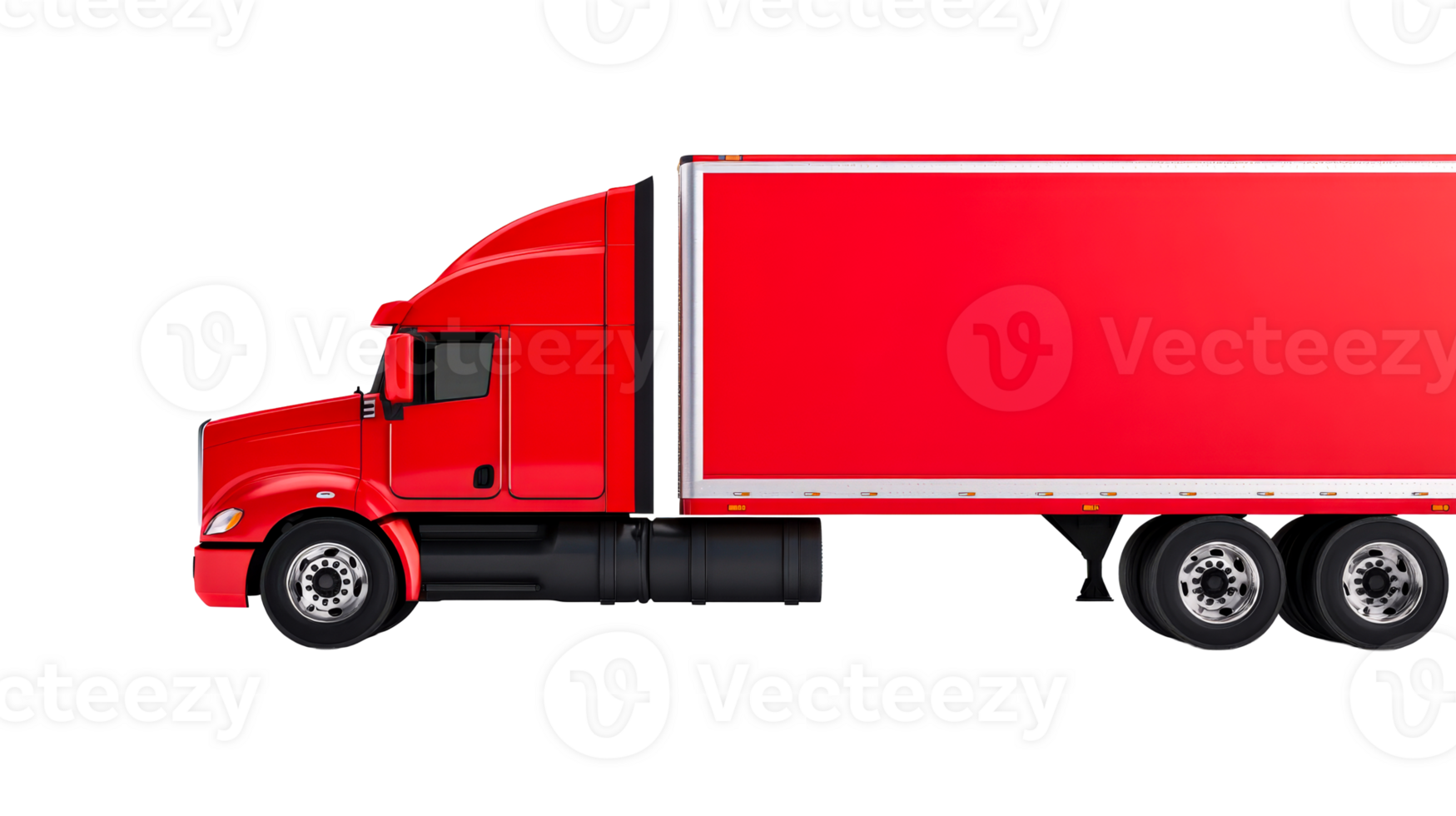 Red semi-truck with trailer, freight transport, side view, cut out transparent png
