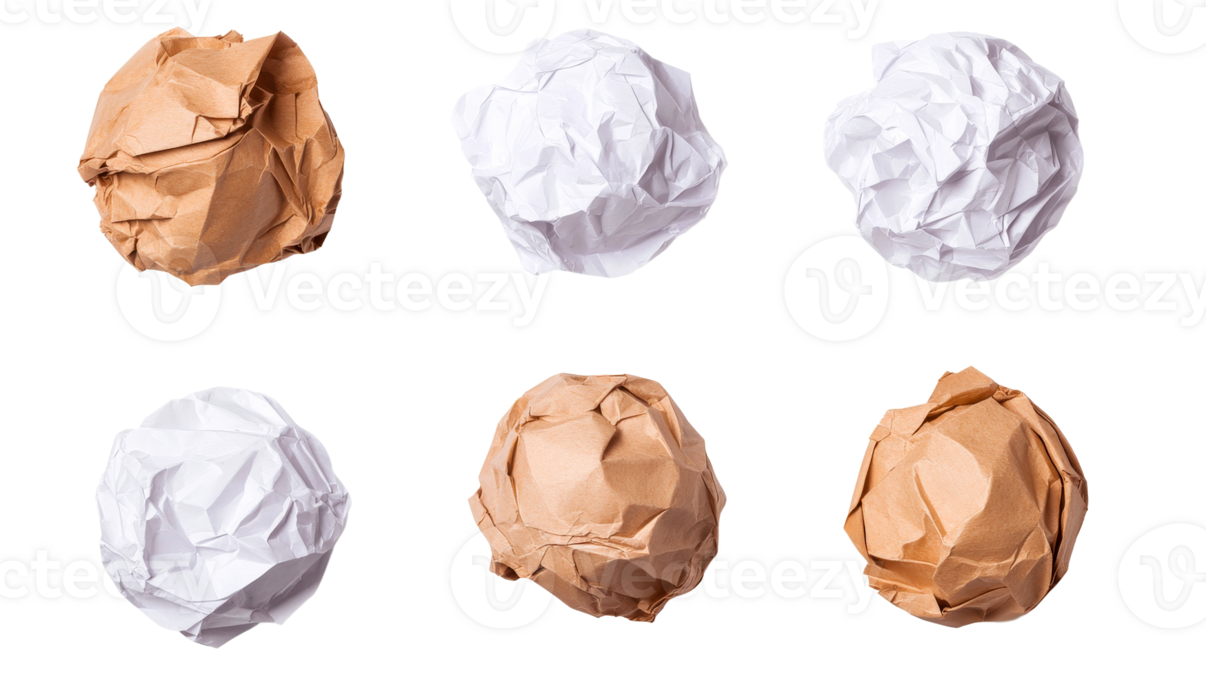 Six crumpled paper balls, brown and white, texture design, cut out transparent png