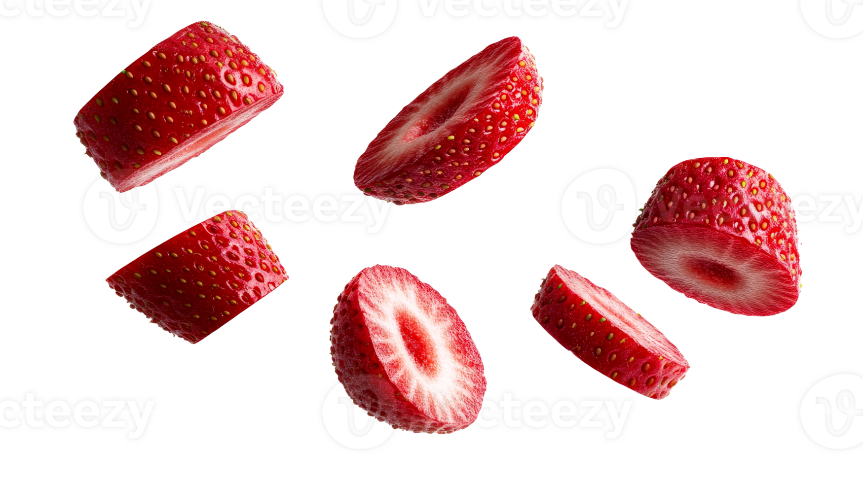 Sliced strawberries, cut red berry pieces floating, vitamins food, cut out transparent png