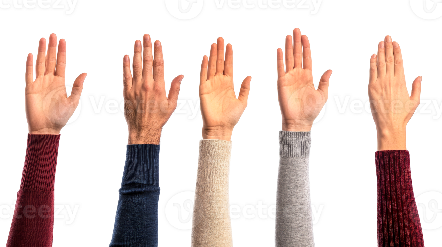 Hands raised in unison, diverse sleeves, black backdrop, cut out transparent png